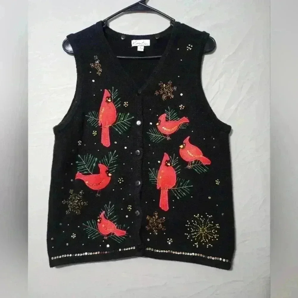 Womens Sweater Vests Petite PL Cardinals Black Faux Fur Kim Rogers Christmas
